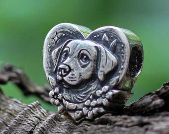 Sterling Silver Dog Memorial Charm: Heart Bead for Bracelet