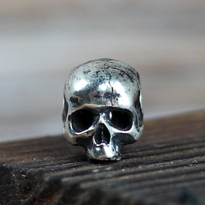 May include: A silver skull bead with a detailed design. The bead is small and has a smooth, polished finish.