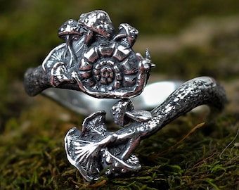 Mushroom and Snail Ring, 925S Ring, Anniversary Gift for Her,  Unique snail and mushroom ring, Adjustable ring, Twig ring, Nature inspired