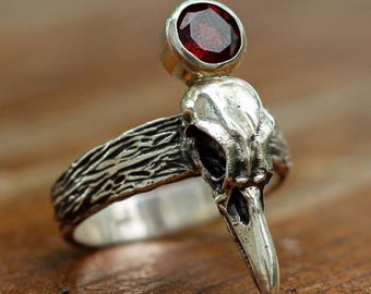 Bird Skull Ring, Garnet Ring, 925 Sterling Silver Ring, Gothic Ring, Raven Skull Ring, Nature Inspired Jewelry, Witch Ring, Dark Forest Ring