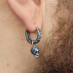 Mens Earrings, silver skull hoop earring, single earring made of sterling silver, mens hoops, skull earrings, skull hoops, Oxidized earrings