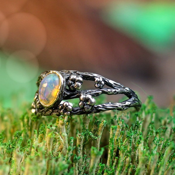 Sterling Silver Ring, Natural Opal Ring, Nature Inspired Engagement Ring, Women's Ring, Nature Lover Gift, Wedding ring, Genuine opal ring