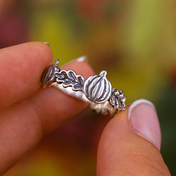 A ring with pumpkins and oak leaves. Silver Gothic Ring Halloween Gift Pumpkin Charms Cute Ring Halloween Ring