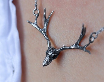 Deer Skull Necklace, 925 Sterling Silver Pendant, Unique Western Gothic Skull Jewelry, Deer Jewelry.