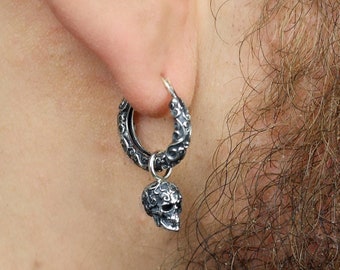 Mens Earrings, silver skull hoop earring, single earring made of sterling silver, mens hoops, skull earrings, skull hoops, Oxidized earrings