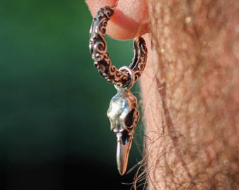 Mens Earrings, raven skull earrings, silver hoop earrings, skull earrings, bird skull, gothic jewelry, boyfriend gift, mens jewelry, skull