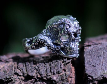 Ctulku Ring Silver Kraken Tentacle Skull Ring Gift For Him Skull Ring For Men Biker Skull Ring