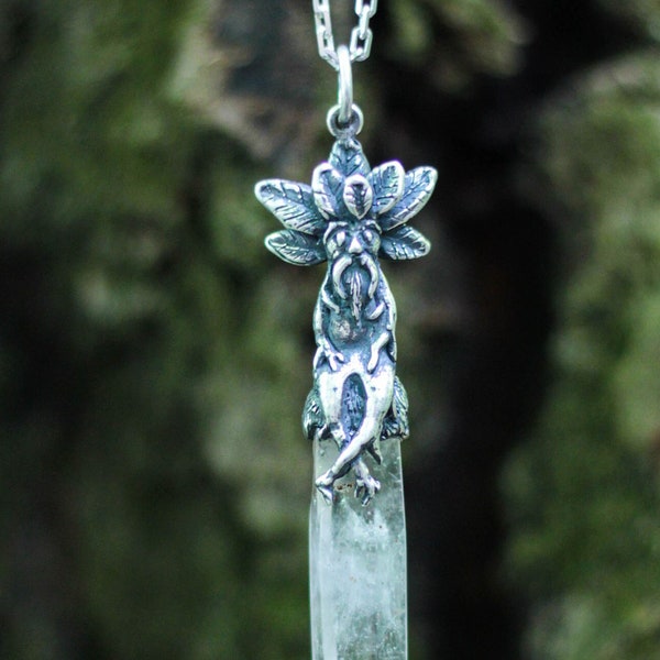 Mandrake Elf Pendant, Silver pendant with quartz, Witch necklace, Pagan witchcraft, fairy elf. Unique charm pendant, Pendant with raw quartz