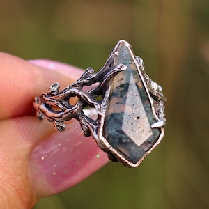 Moss Agate Ring, Twig Gemstone Ring,  925 Sterling Silver, Unique Rings, Elvish Ring For Women, Leaf Promise Ring Nature Inspired