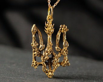 Silver Pendant Trident, Ukrainian trident from silver, Gilded silver, Trident with flowers
