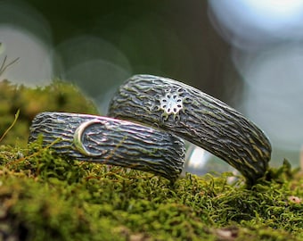 925Sterling Silver Sun & Moon Couple Rings,  Nature inspired ring,  Personalized jewelry,  Tree branch ring, Wedding rings, Handmade jewelry