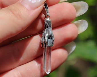 Silver Pendant,  Hand Holding Crystal, Quartz Point Pendant, Fantasy Pendant, Witch necklace, Pagan witchcraft, Fantasy Pendant with Quartz