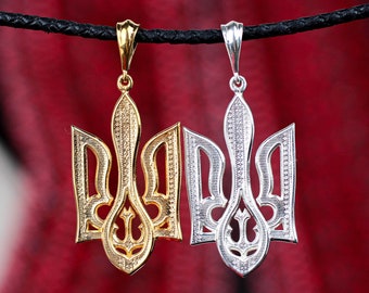 Silver trident pendant, silver with gilding, trident with embroidery, Ukrainian symbol