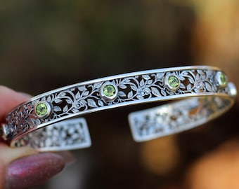 Sterling Silver Peridot Cuff Bracelet – Handmade Filigree Bangle