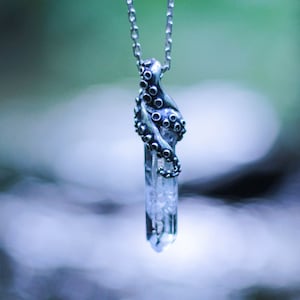 Silver Kraken Pendant, Silver Octopus Jewelry, Crystal Necklace, Fantasy Charm Pendant with Quartz