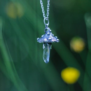 Magical Mushroom Elf Pendant: Silver jewelry with muscaria, Fantasy elf necklace with quartz crystal, A gift for a nature lover