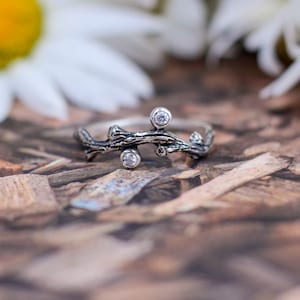 Silver wedding ring with a twig and white topaz, Anniversaries Promise Ring For Her, Unusual Womens tree bark ring, Unique gift for bride