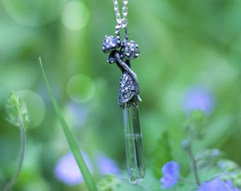 Mushroom pendant, forest pendant, silver forest pendant, raw quartz necklace