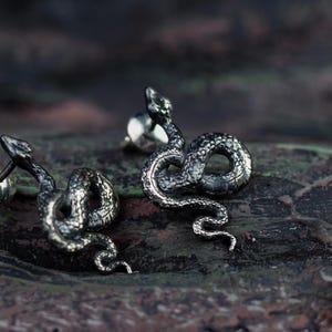 Op de afbeelding: Een paar zilveren slangen oorbellen. De slangen zijn opgerold en hebben een getextureerd oppervlak.