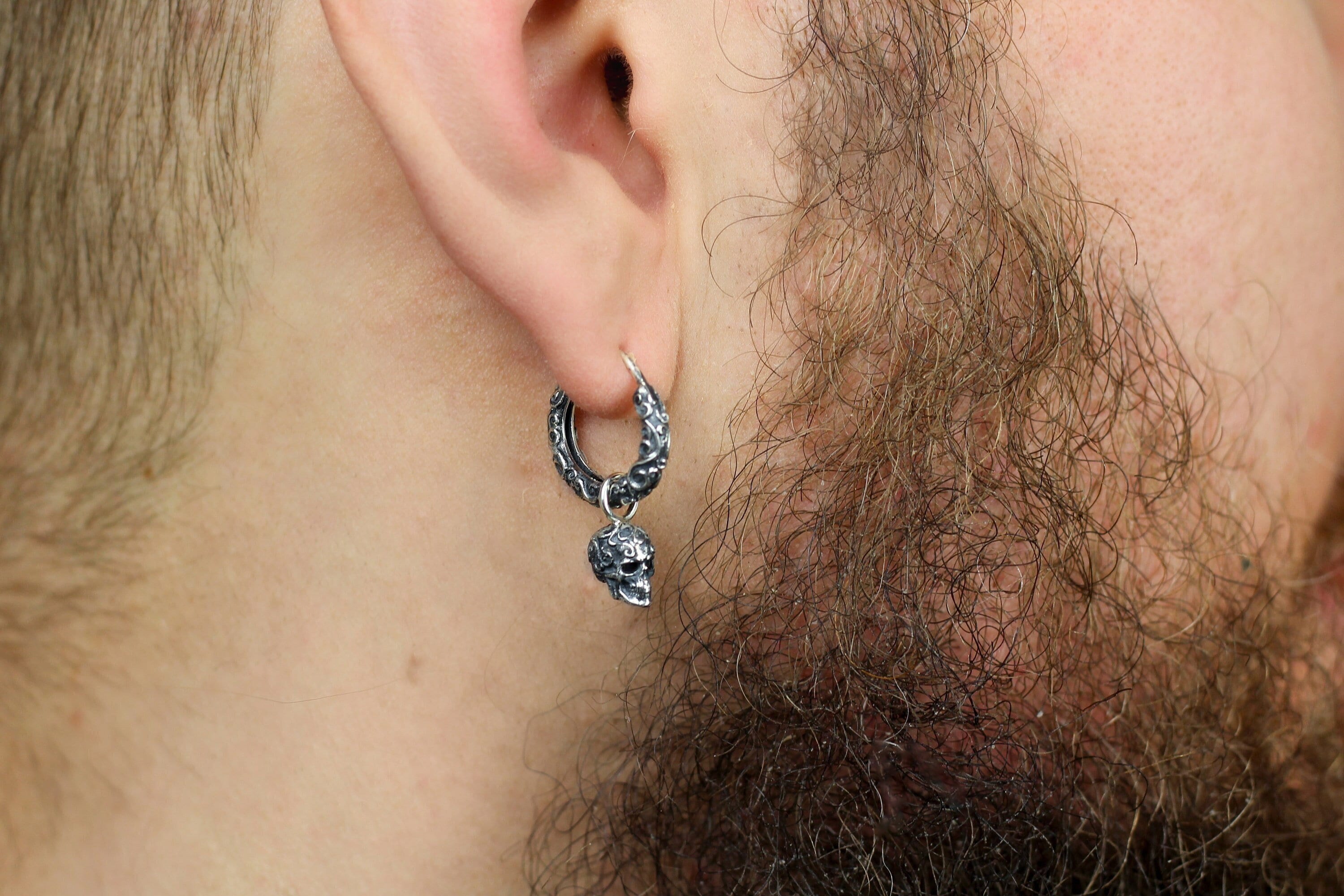 Orecchini pendenti in argento sterling con teschio da uomo - Orecchini con osso di animale vero - Orecchini pendenti con teschio - Orecchino singolo
