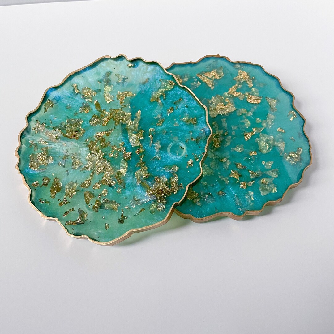 Teal and Gold Foil Coasters, Geode Agate Coaster Set, Irregular Shaped Coasters, Resin Coasters