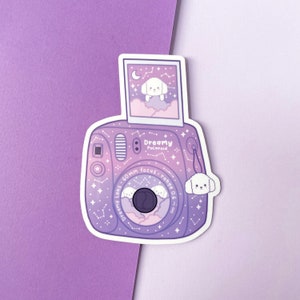 Polaroid Camera Sticker, Dreamy Polaroid Sticker, Cute Purple Vinyl Sticker, Purple Camera Dog Sticker, Kawaii Camera Sticker, Lucky Charm image 2