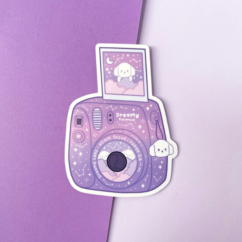 Polaroid Camera Sticker, Dreamy Polaroid Sticker, Cute Purple Vinyl Sticker, Purple Camera Dog Sticker, Kawaii Camera Sticker, Lucky Charm image 2