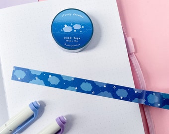 Clouds And Stars Washi Tape, Decorative Scrapbook Supplies, Bullet Journaling Tape, Blue Planner Art Supplies, Kawaii Stationary, Cloud Tape
