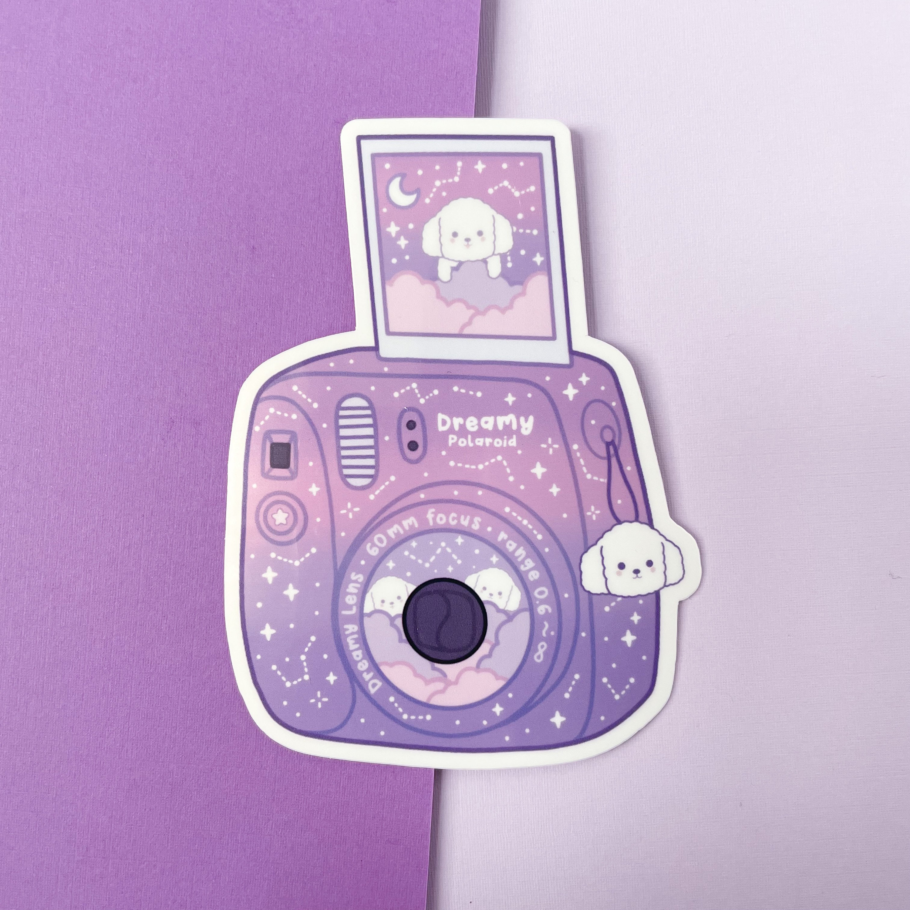 Polaroid Camera Sticker, Dreamy Polaroid Sticker, Cute Purple Vinyl  Sticker, Purple Camera Dog Sticker, Kawaii Camera Sticker, Lucky Charm -  Etsy