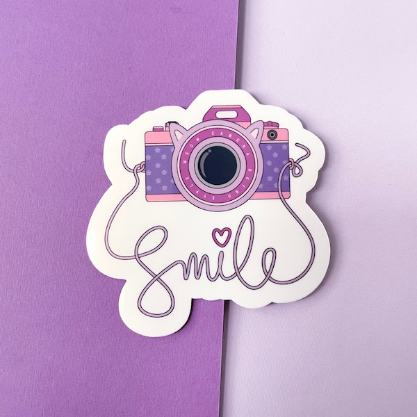 Vintage Camera Sticker, Cat Camera Sticker, Smile Camera Sticker, Water Bottle Vinyl Sticker, Glossy Decal, Photography Sticker, Meow Camera