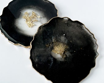 Black And Gold Foil Coaster Set, Geode Agate Coasters, Coaster Gifts, Home Decor Coasters, Holiday Gifts, Wedding Coaster Gifts, Resin Gift