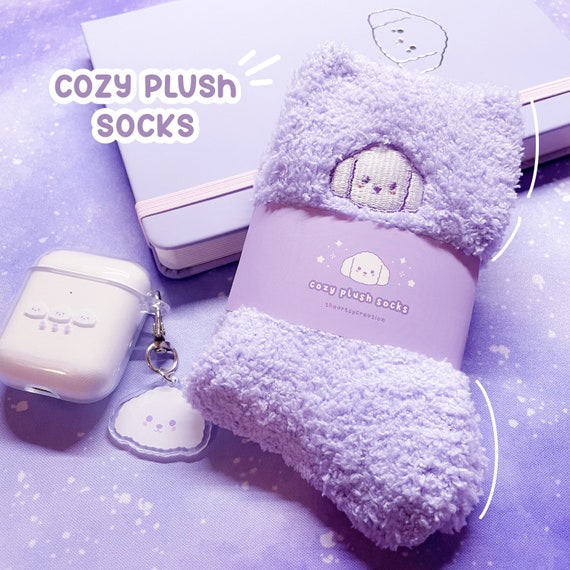 Embroidered Dog Plush Socks, Cozy Fuzzy Winter Socks