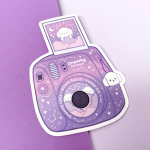 Polaroid Camera Sticker, Dreamy Polaroid Sticker, Cute Purple Vinyl Sticker, Purple Camera Dog Sticker, Kawaii Camera Sticker, Lucky Charm image 4