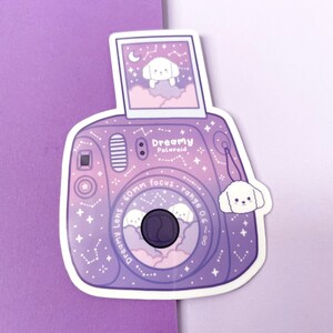 Polaroid Camera Sticker, Dreamy Polaroid Sticker, Cute Purple Vinyl Sticker, Purple Camera Dog Sticker, Kawaii Camera Sticker, Lucky Charm image 3