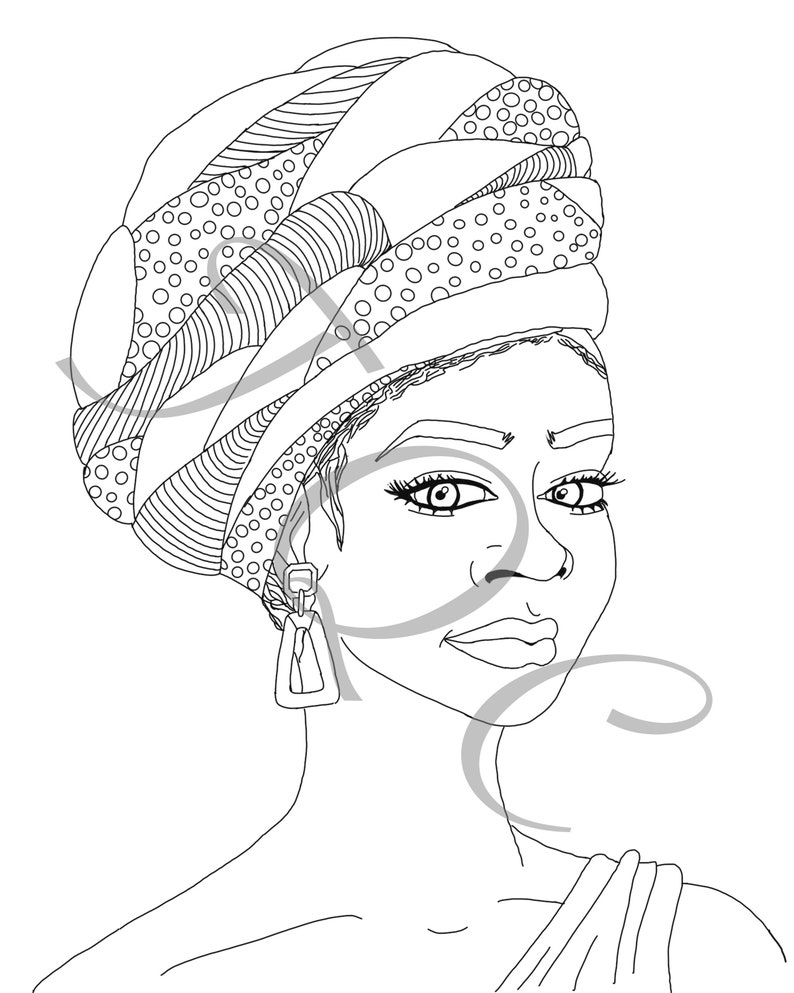 Black Woman Headwrap Coloring Page Printable Adult Coloring Pages ...