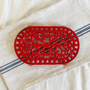 Vintage French Red Oval Cast Iron Trivet, Found in Provence, French Country, French Kitchen