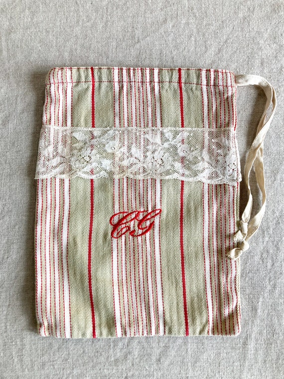 Vintage French Striped Monogrammed Drawstring Bag… - image 4