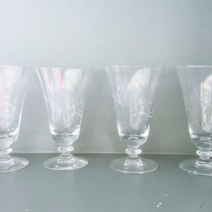 Beautiful Vintage Set of 4 Fostoria Rose Stemmed Iced Tea Goblets, Delicate Glasses with Etched Rose on Clear Glass and Knobbed Stem