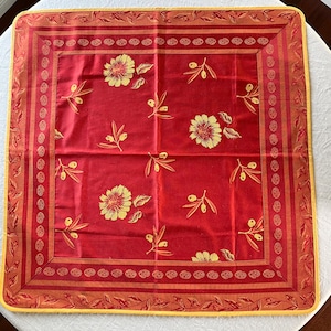 Beautiful French Damask Table Square with Sunflowers and Olives, Dominique Arles Creations, Red Orange Yellow, Trimmed, Found in Provence