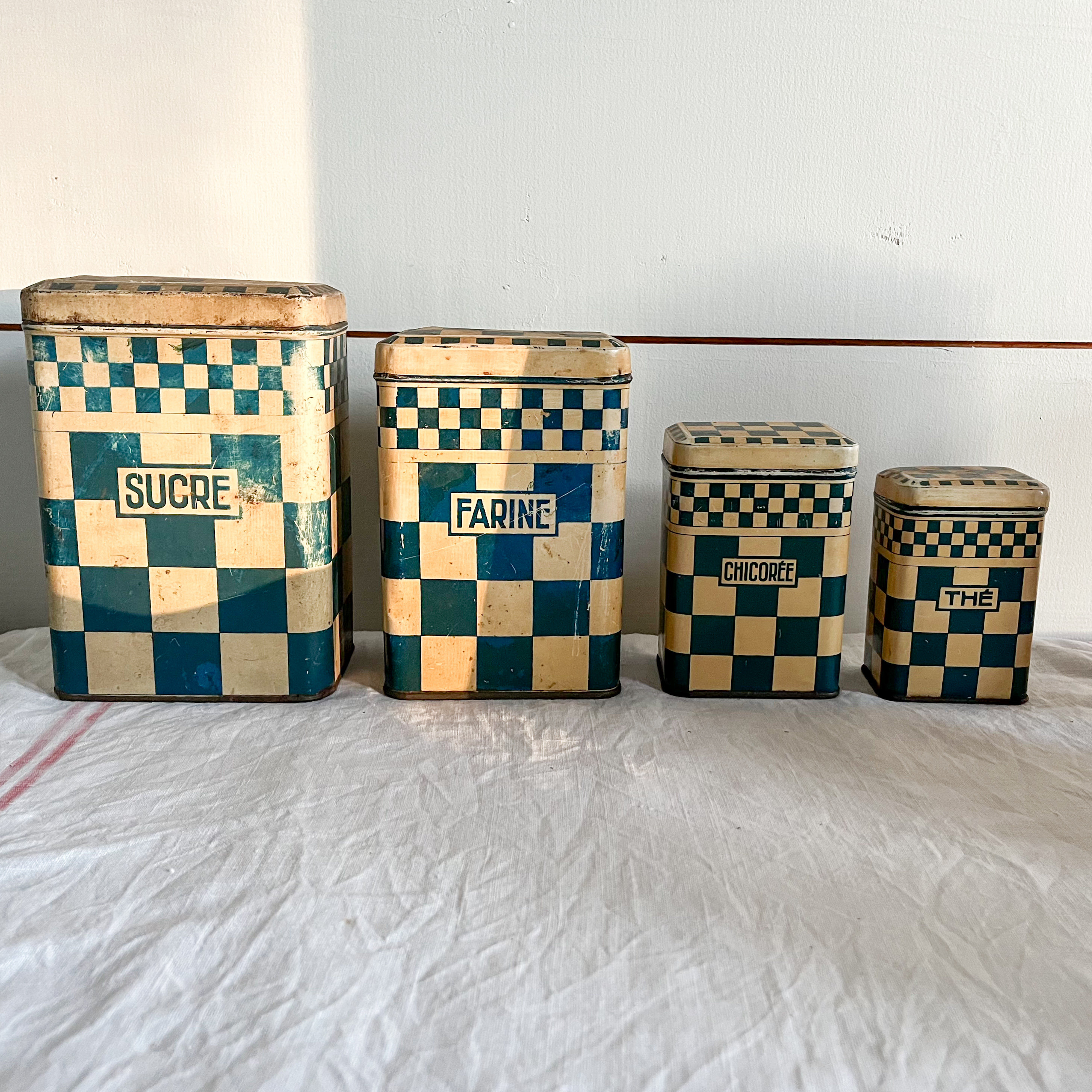Beautiful French Vintage Blue Checkered Metal Canister Set
