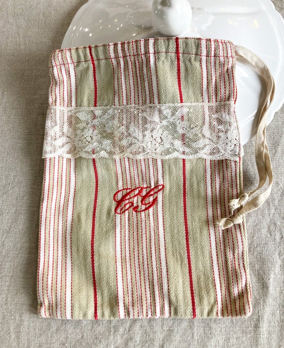 Vintage French Striped Monogrammed Drawstring Bag… - image 2