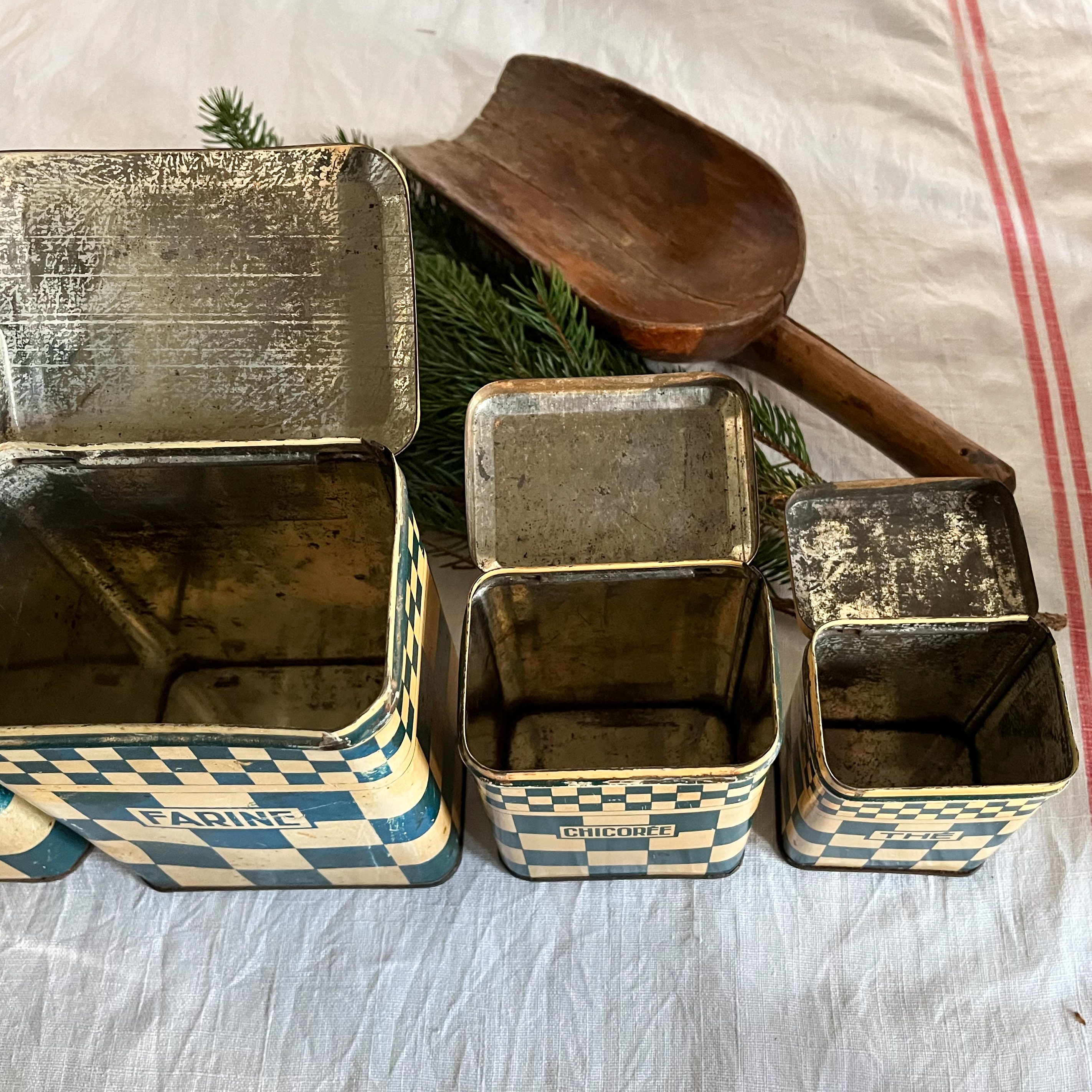 Beautiful French Vintage Blue Checkered Metal Canister Set