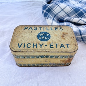 Vintage French Pastilles Tin Box, Vichy-État, Yellow Tin Box with Blue Decor,