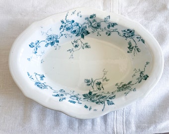 Antique Stoke England Colonial Pottery Grace Blue Teal Transferware Small Serving Dish, Small Oval English Serving Bowl, Vegetable Bowl