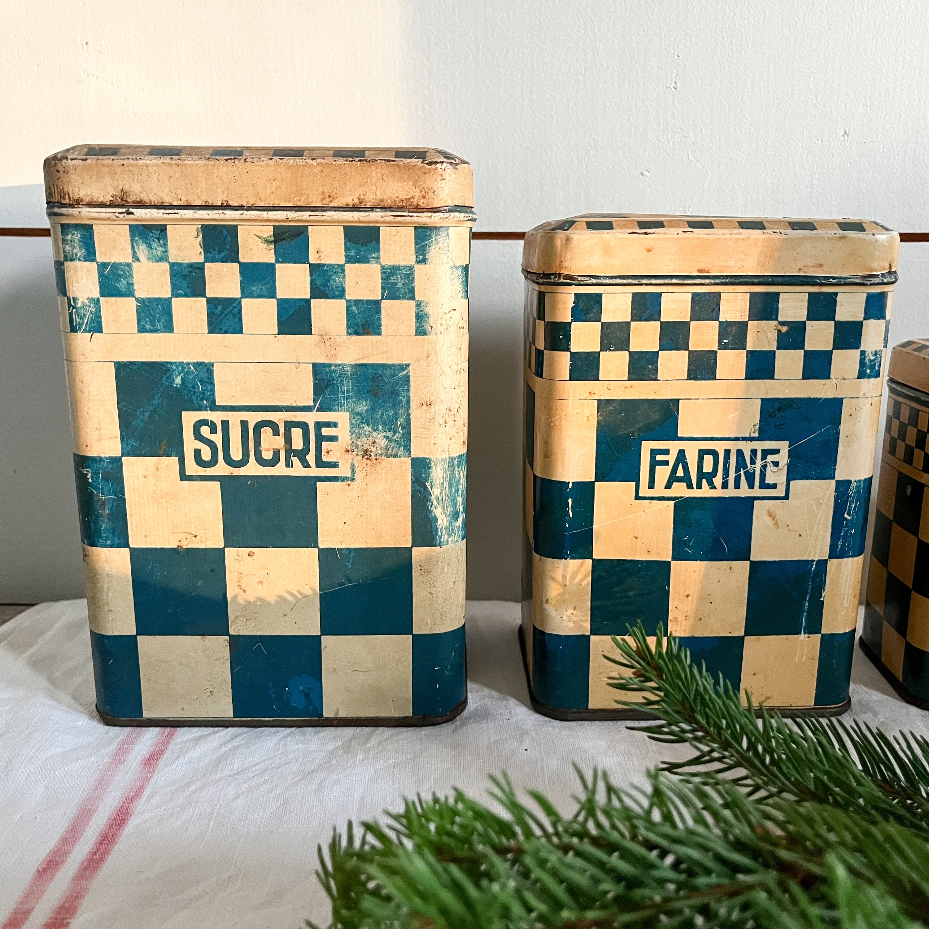 Beautiful French Vintage Blue Checkered Metal Canister Set