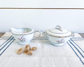 Beautiful Vintage Noritake Crest White and Silver Sugar Bowl and Creamer, Lily of the Valley Pattern, White Bone China with Silver Trim