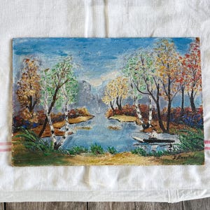 Beautiful Vintage French Oil on Board “L’Automne,” Autumn French Countryside Scene with Fisherman, Vintage French Art, Found in Provence