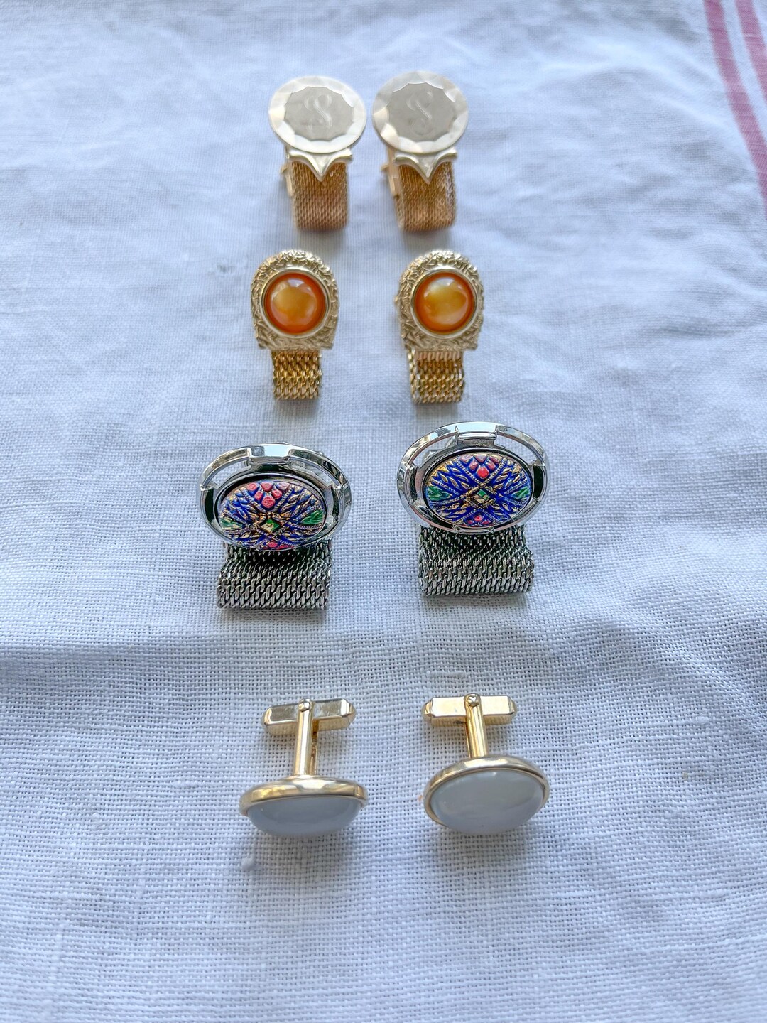 Boutons De Manchette Vintage Or Et Pierre De Lune - Occasion, Bon état