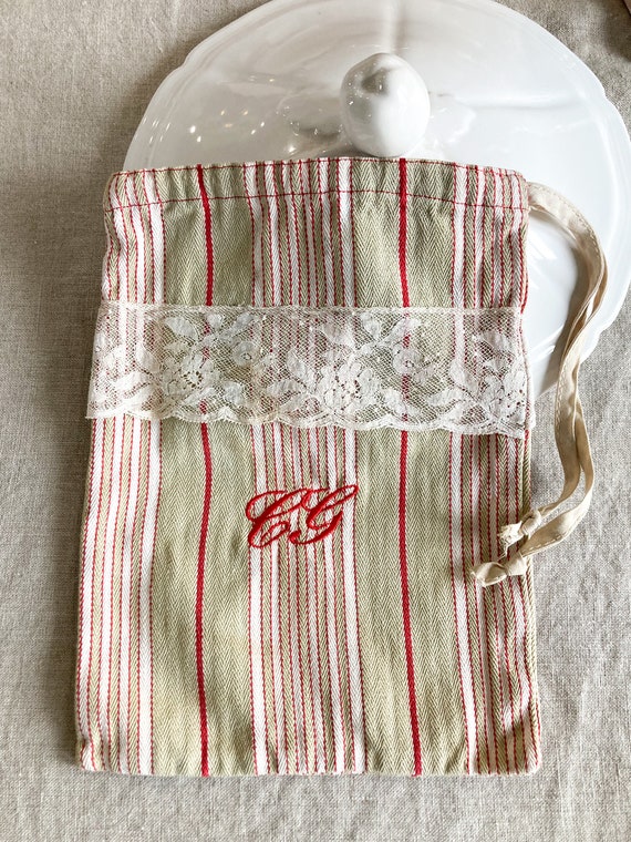Vintage French Striped Monogrammed Drawstring Bag… - image 5