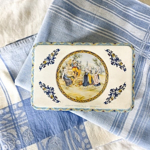 French Lidded Tin Box, Pale Cream and Blue Designs, Massilly France, Hinged Lid, Found in Provence